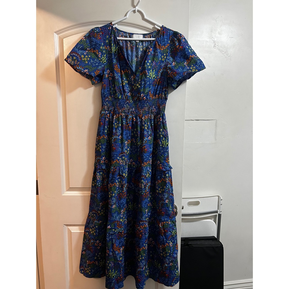 Sugarlips Blue Floral Cotton Smocked Waist Tiered Midi Dress Pockets M STD13555P